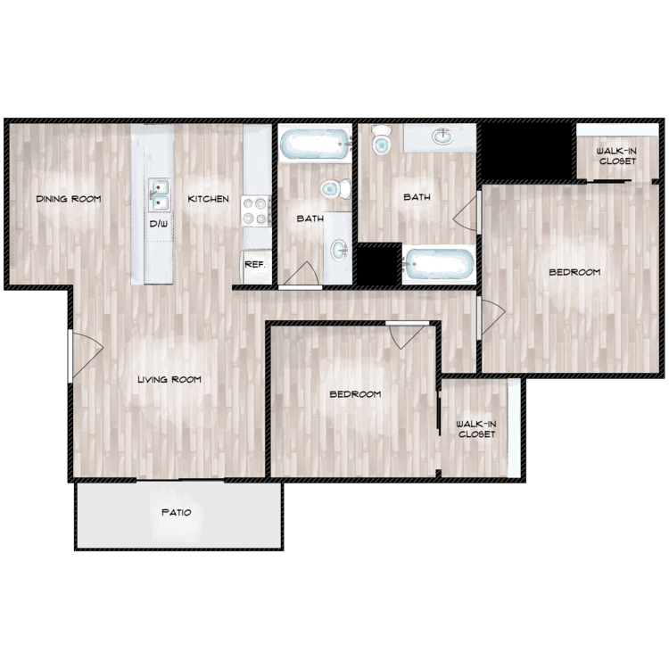 2 Bedroom 2 Bathroom Floor Plan at Boston Woods Apartments, San Antonio TX, TX